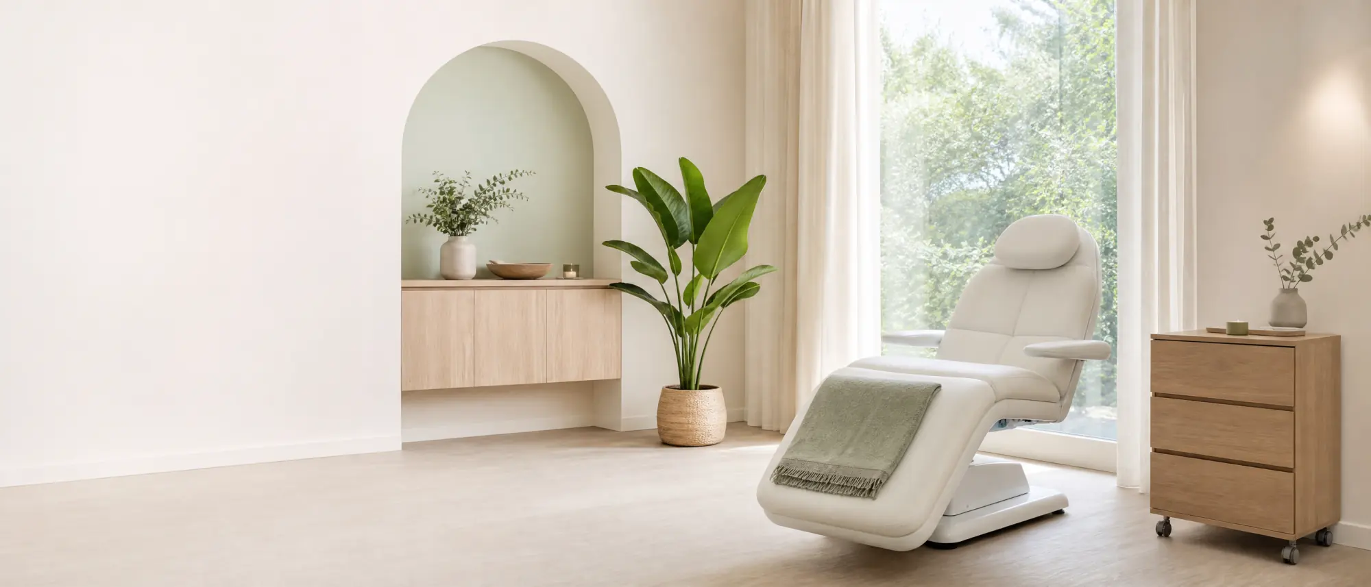 Sala de tratamiento luminosa con camilla blanca, mueble de roble, plantas y una ventana al jardín