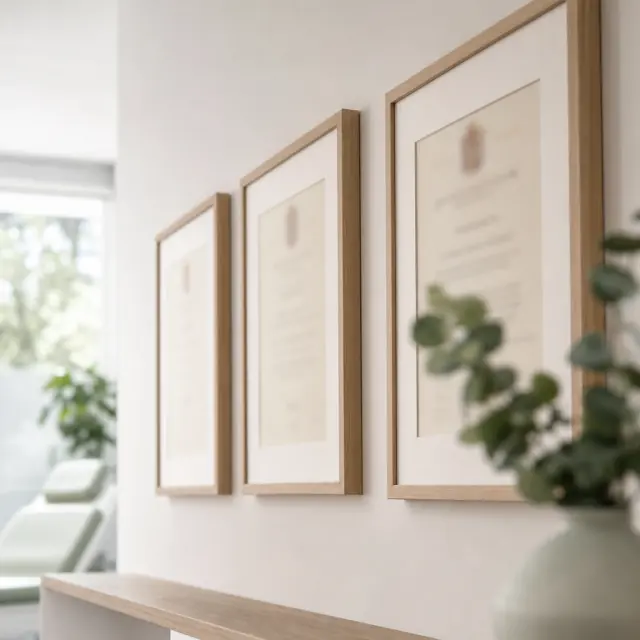 Títulos médicos enmarcados en la pared de la consulta